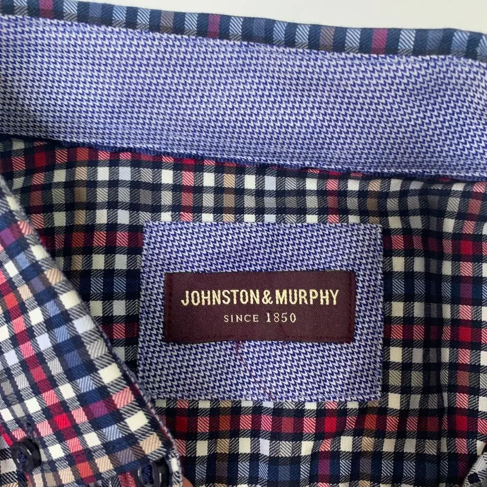 Johnston & Murphy Shirt Mens Medium Slim Flip Cuff Plaid Button Down Long Sleeve